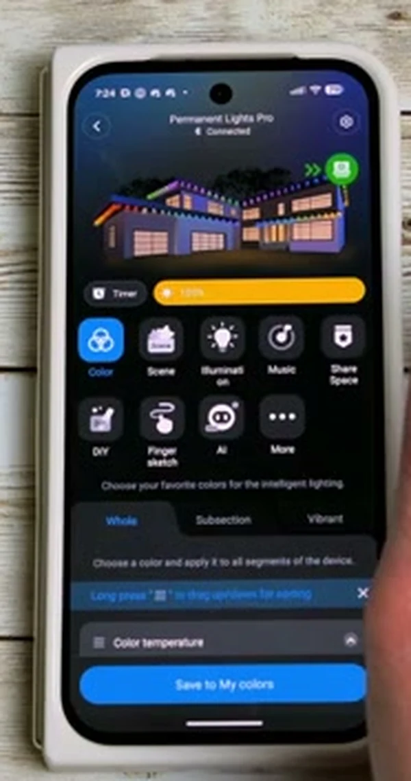 Govee app color picker section with Whole, Subsection, and Vibrant tabs