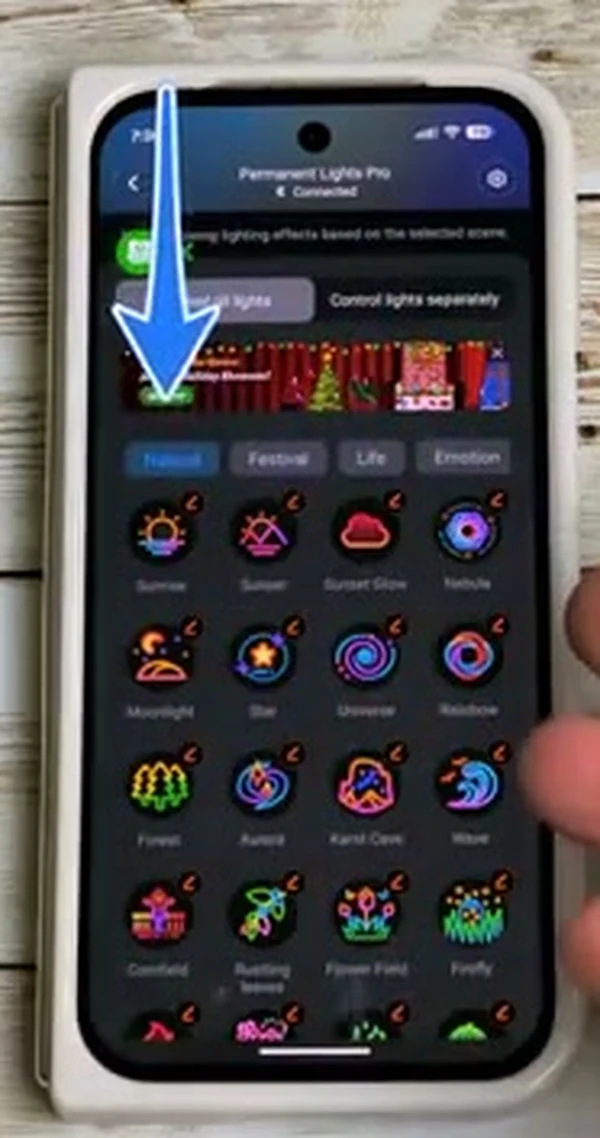 Govee app themes library showing Natural, Festival, Life, and Emotion category tabs with many scene tiles