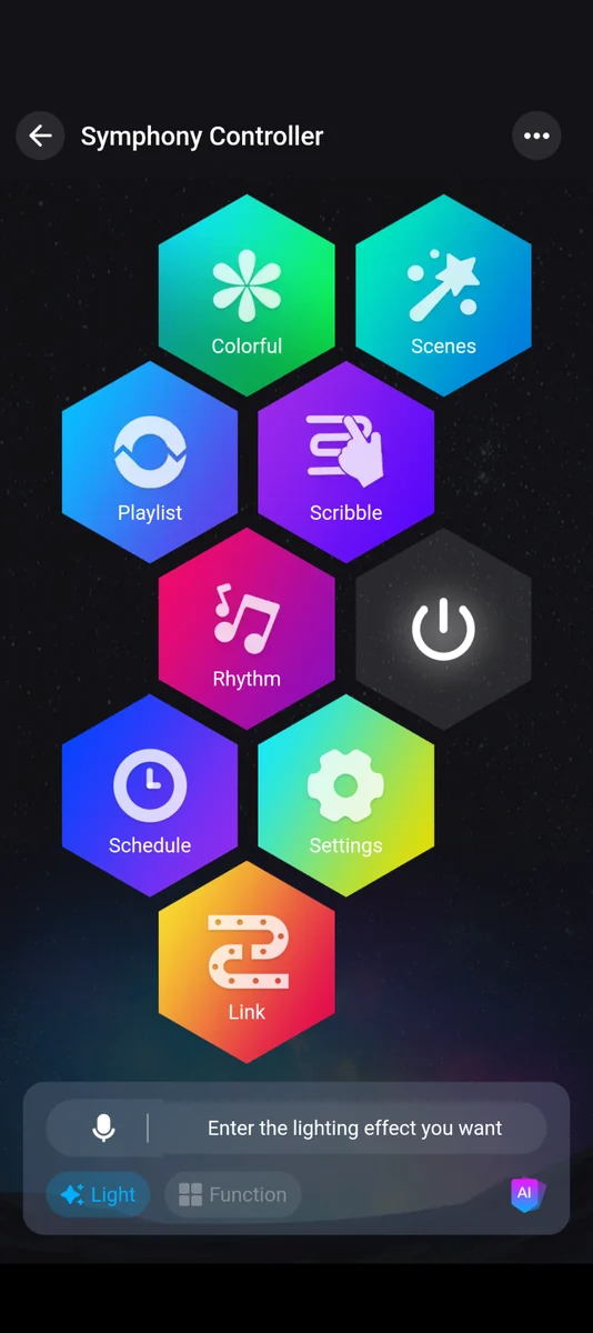 Permanent Lights pro grade app home page showing Symphony Controller hexagonal menu with Colorful, Scenes, Playlist, Scribble, Rhythm, Schedule, Settings, and Link options