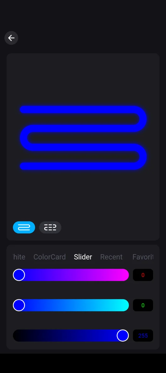 Permanent Lights pro grade app slider control with blue selected, fine RGB control