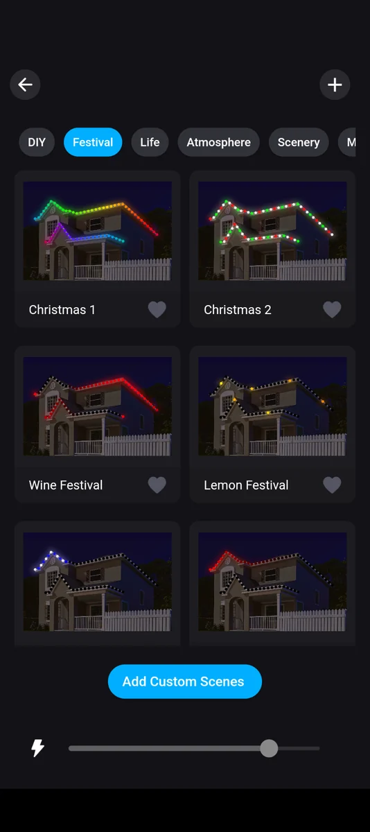 Permanent Lights pro grade app themes browser showing Festival category with Christmas 1, Christmas 2, Wine Festival, and Lemon Festival scene tiles